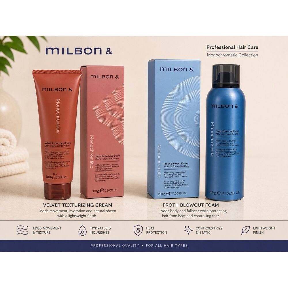Milbon Monochromatic Velvet Cream 3.5 oz & Blowout Foam 7.1 oz Set